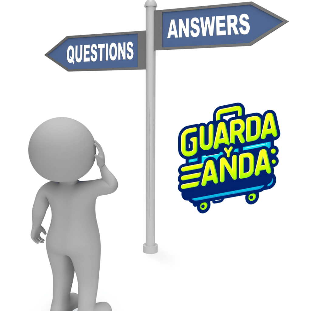 Personaje buscando respuestas sobre servicios de guarda equipaje con el logo de Guarda y Anda