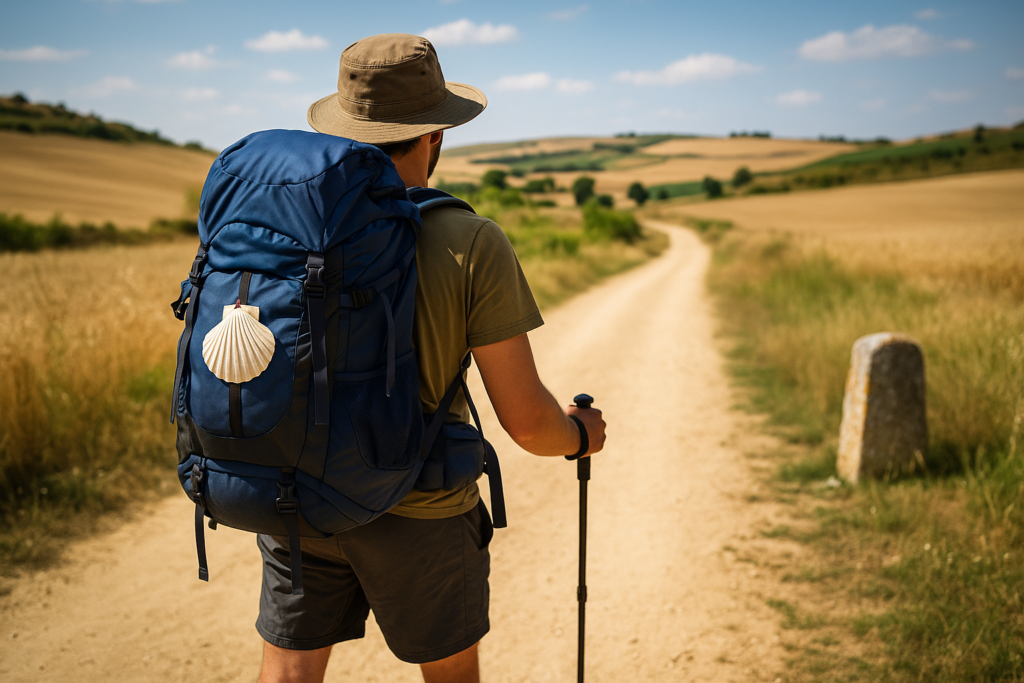 Peregrino con mochila azul en el Camino de Santiago en un sendero rural