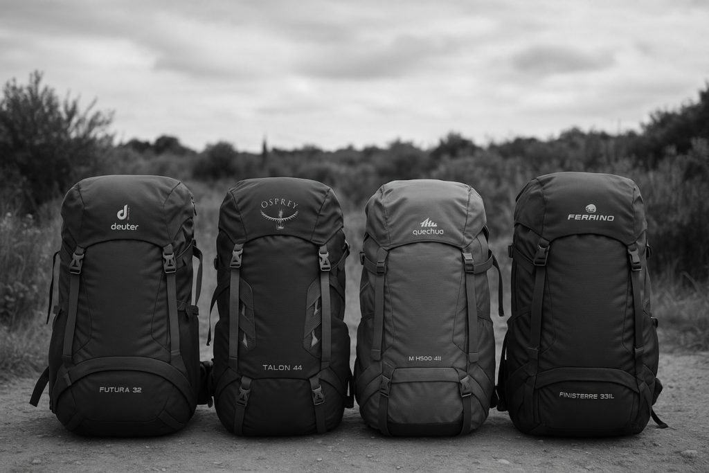 Fotografía realista en blanco y negro de cuatro mochilas de trekking colocadas sobre un camino de tierra en plena naturaleza. Las mochilas están alineadas una junto a otra, mostrando distintos diseños y tamaños, con fondo de arbustos y cielo nublado, ideal para ilustrar comparativas de equipamiento para el Camino de Santiago