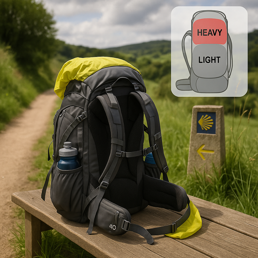 ochila de senderismo de 40 litros en banco de madera junto al Camino de Santiago, equipada con soporte lumbar, sistema de ventilación, botellas laterales, funda impermeable y esterilla sujeta, con paisaje verde de fondo y esquema de distribución de peso.